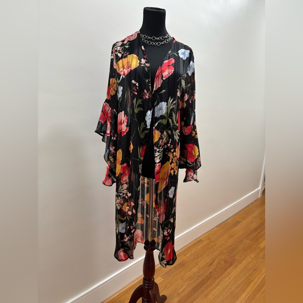 461. Alluv Place Sheer Black Floral Kimono Dress with Red & Yellow Blooms